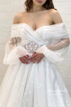 Tulle A-line Off Shoulder Long Sleeves Floral Lace Wedding Dresses