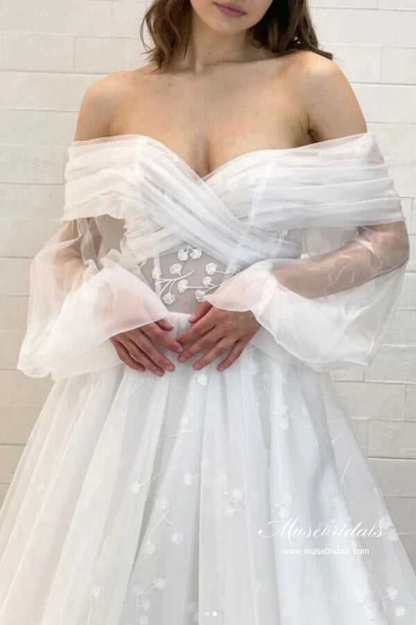 Tulle A-line Off Shoulder Long Sleeves Floral Lace Wedding Dresses