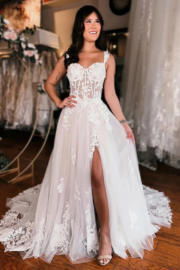 Tulle A-line Off Shoulder Slit Wedding Dresses With Lace Appliques