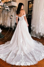 Tulle A-line Off Shoulder Slit Wedding Dresses With Lace Appliques