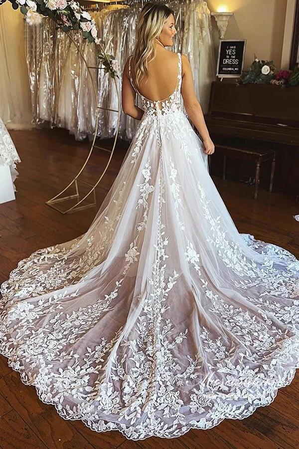 NumberSea Tulle A-line Spaghetti Straps Backless Lace Appliques Wedding Dresses, MW905