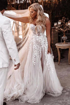 Tulle A-line Sweetheart Lace Appliques Bohemian Wedding Dresses