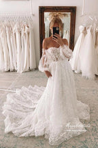 NumberSea Tulle A-line Sweetheart Lace Wedding Dresses With Detachable Sleeves, MW875