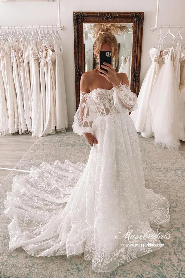 NumberSea Tulle A-line Sweetheart Lace Wedding Dresses With Detachable Sleeves, MW875