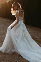 NumberSea Tulle A-line Sweetheart Neck Beach Wedding Dresses With Lace Appliques, MW938