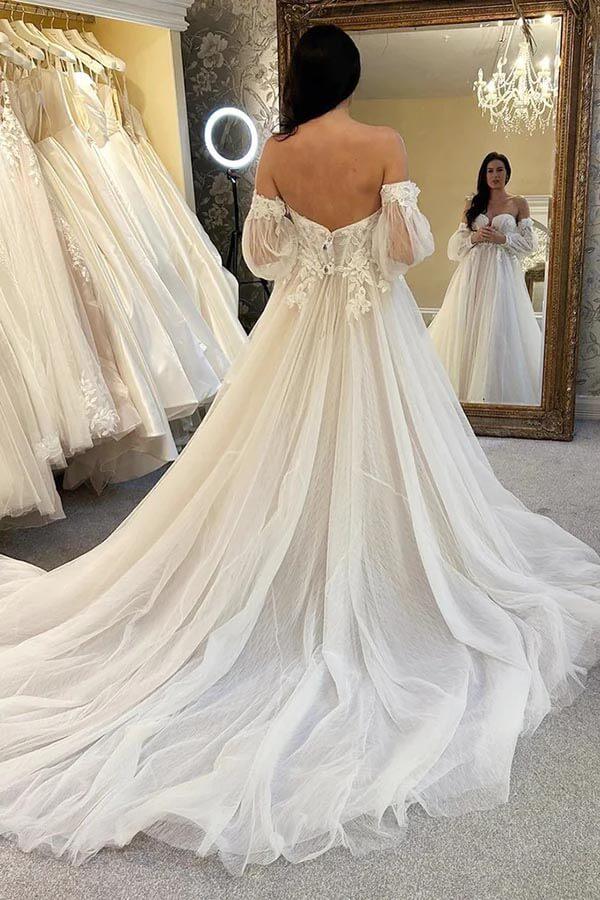 NumberSea Tulle A-line Sweetheart Neck Wedding Dresses With Balloon Sleeves, MW949