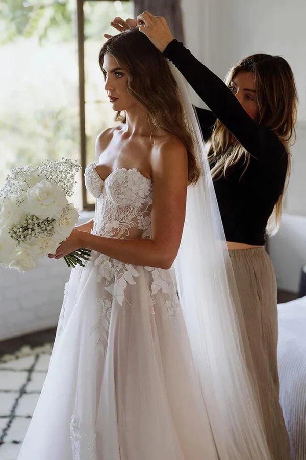 NumberSea Tulle A-line Sweetheart Sleeveless Lace Appliques Boho Wedding Dresses, MW1026