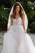 NumberSea Tulle A-line Sweetheart Sleeveless Lace Appliques Boho Wedding Dresses, MW1026
