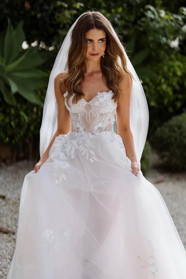NumberSea Tulle A-line Sweetheart Sleeveless Lace Appliques Boho Wedding Dresses, MW1026