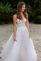 NumberSea Tulle A-line Sweetheart Sleeveless Lace Appliques Boho Wedding Dresses, MW1026