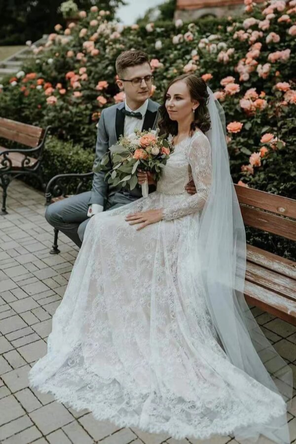 Tulle A-line V-neck Long Sleeves Lace Boho Wedding Dresses, Bridal Gown