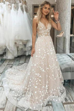 NumberSea Tulle A-line V-neck Spaghetti Straps Lace Appliques Wedding Dresses, MW863