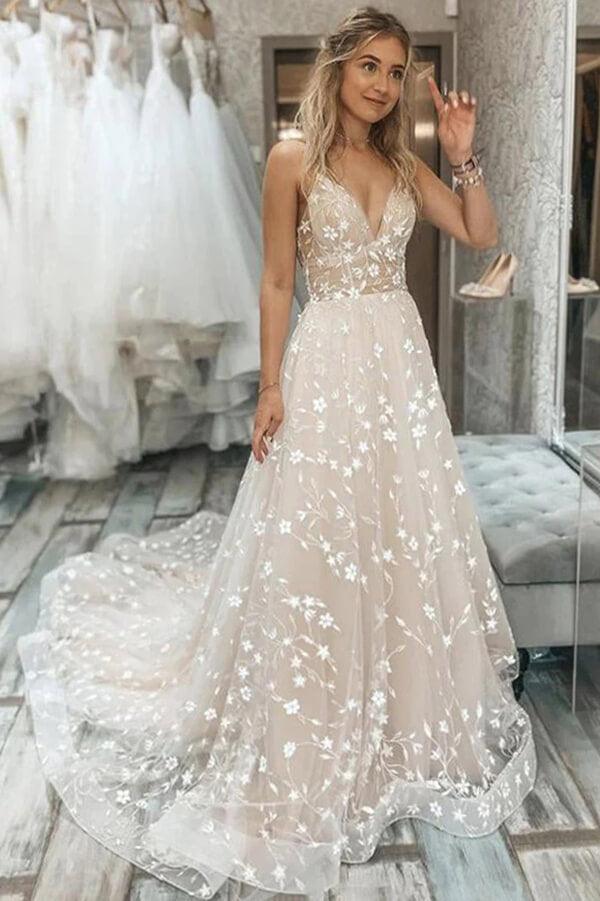 NumberSea Tulle A-line V-neck Spaghetti Straps Lace Appliques Wedding Dresses, MW863
