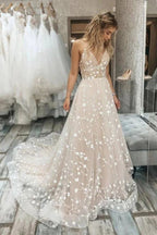 NumberSea Tulle A-line V-neck Spaghetti Straps Lace Appliques Wedding Dresses, MW863