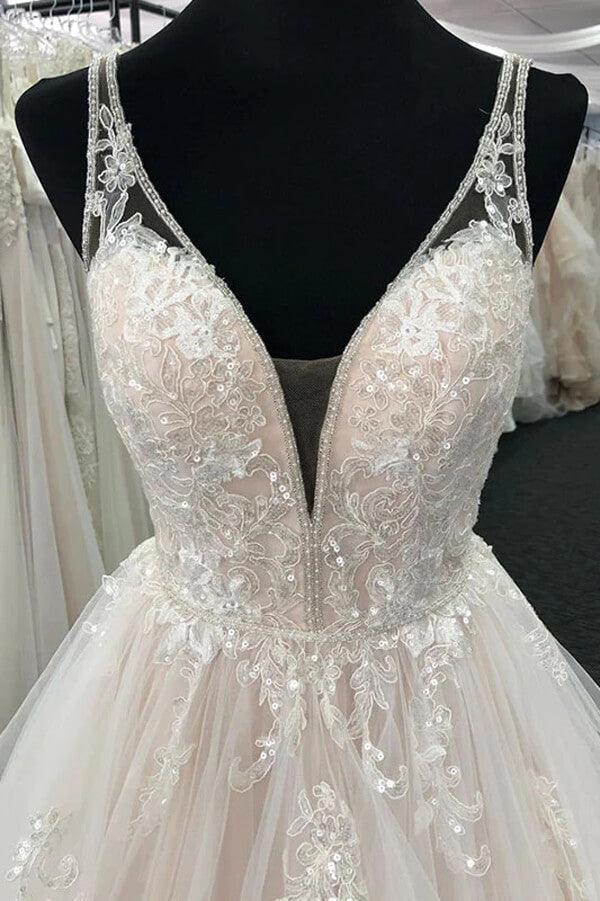 NumberSea Tulle A-line V-neck Wedding Dresses With Lace Appliques, Wedding Gown, MW807