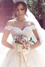 NumberSea Tulle Ball Gown Off Shoulder Appliqued Wedding Dresses With Sweep Train, MW566