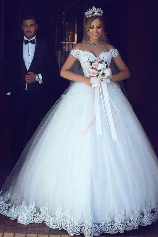 NumberSea Tulle Ball Gown Off Shoulder Appliqued Wedding Dresses With Sweep Train, MW566