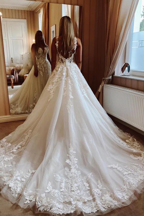 NumberSea Tulle Ball Gown V-neck Lace Appliques Wedding Dresses, Bridal Gown, MW876