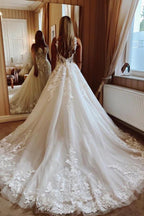 NumberSea Tulle Ball Gown V-neck Lace Appliques Wedding Dresses, Bridal Gown, MW876