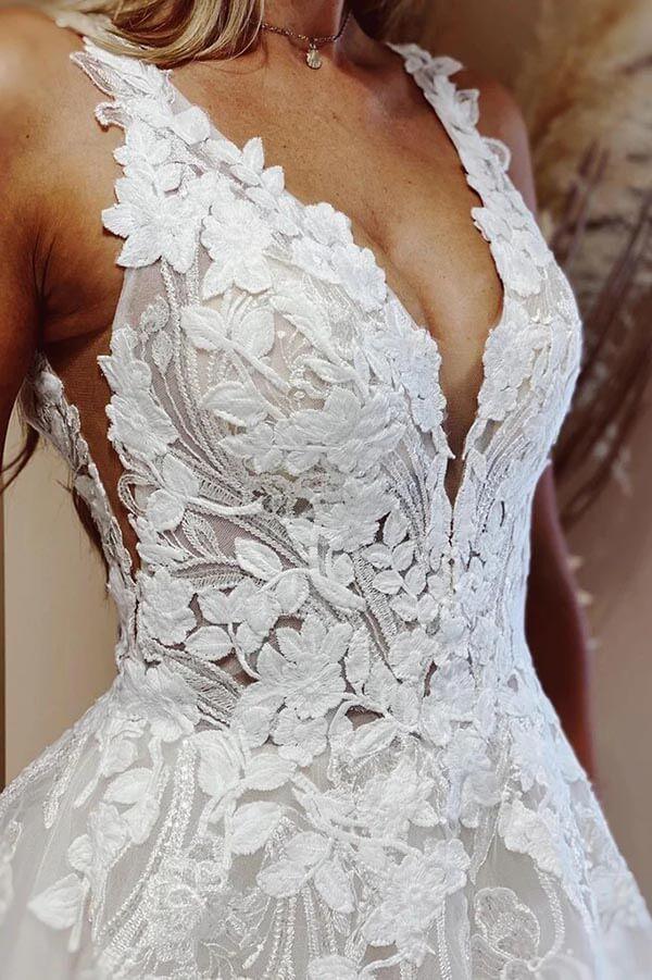 NumberSea Tulle Ball Gown V-neck Lace Appliques Wedding Dresses, Bridal Gown, MW876