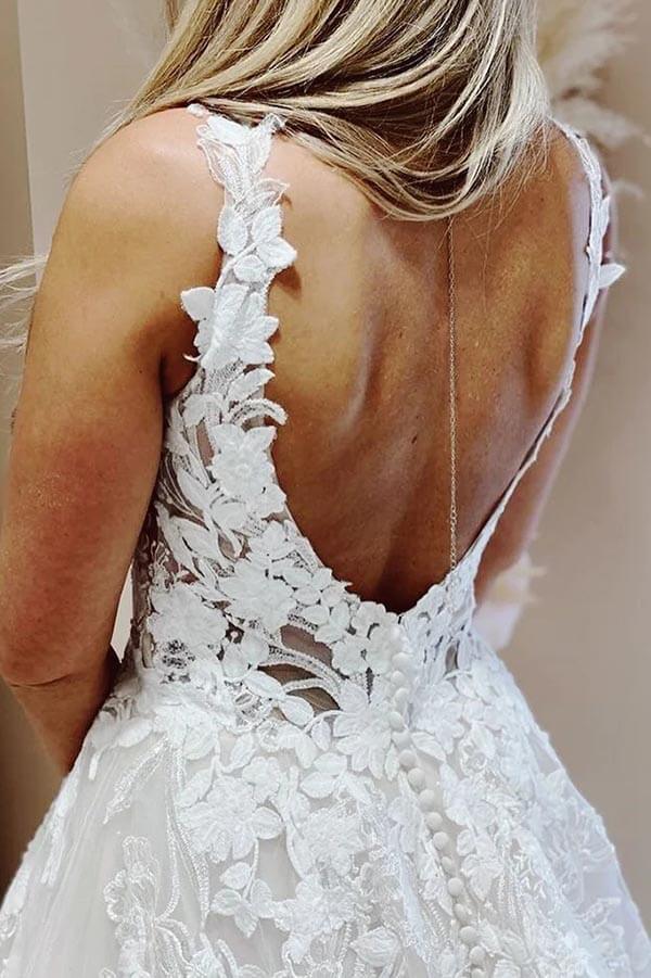 NumberSea Tulle Ball Gown V-neck Lace Appliques Wedding Dresses, Bridal Gown, MW876