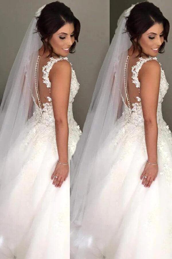 NumberSea Tulle Ball Gown V-neck Sweep Train Wedding Dresses, Bridal Gown, MW811