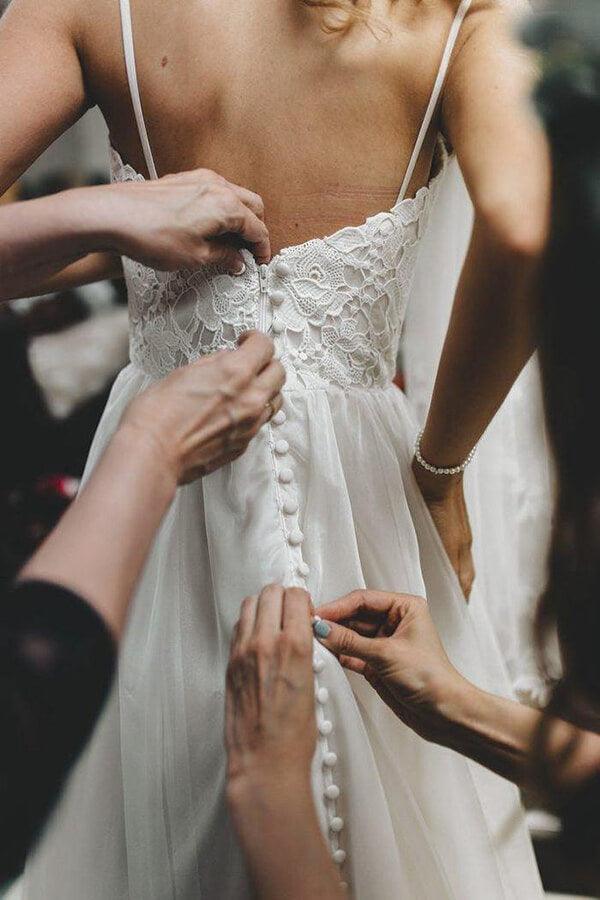NumberSea Tulle Lace A-line Spaghetti Straps Sweetheart Wedding Dresses With Train, MW652