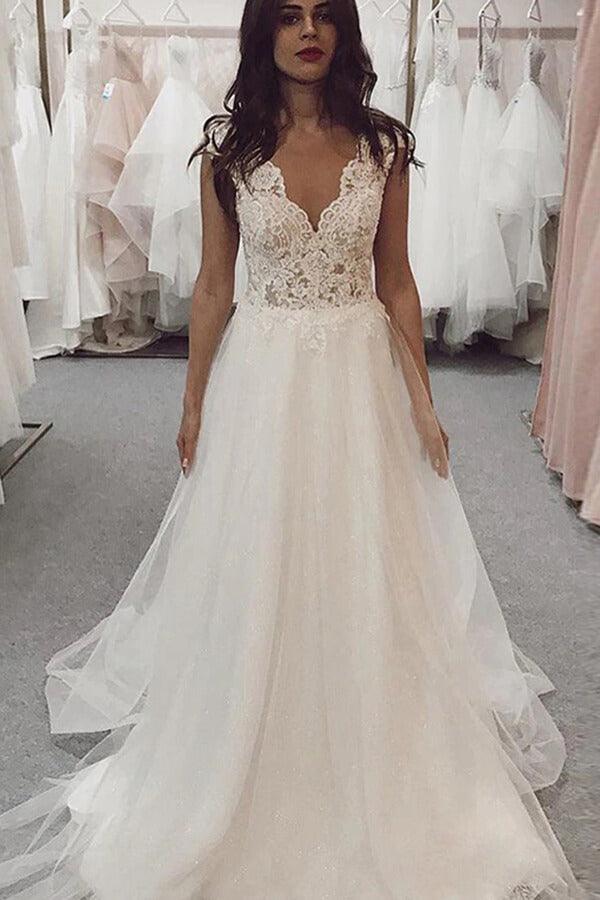 NumberSea Tulle Lace A-line V-neck Cap Sleeves Wedding Dresses, Bridal Gown, MW637