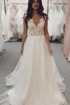 NumberSea Tulle Lace A-line V-neck Cap Sleeves Wedding Dresses, Bridal Gown, MW637