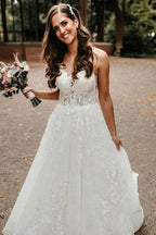 NumberSea Tulle Lace A-line V-neck Chapel Train Wedding Dresses, Bridal Gowns, MW599