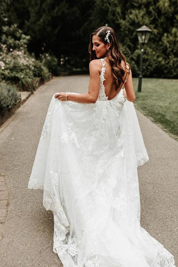 NumberSea Tulle Lace A-line V-neck Chapel Train Wedding Dresses, Bridal Gowns, MW599