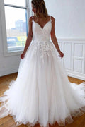 NumberSea Tulle Lace A-line V-neck Spaghetti Straps Open Back Wedding Dresses, MW656