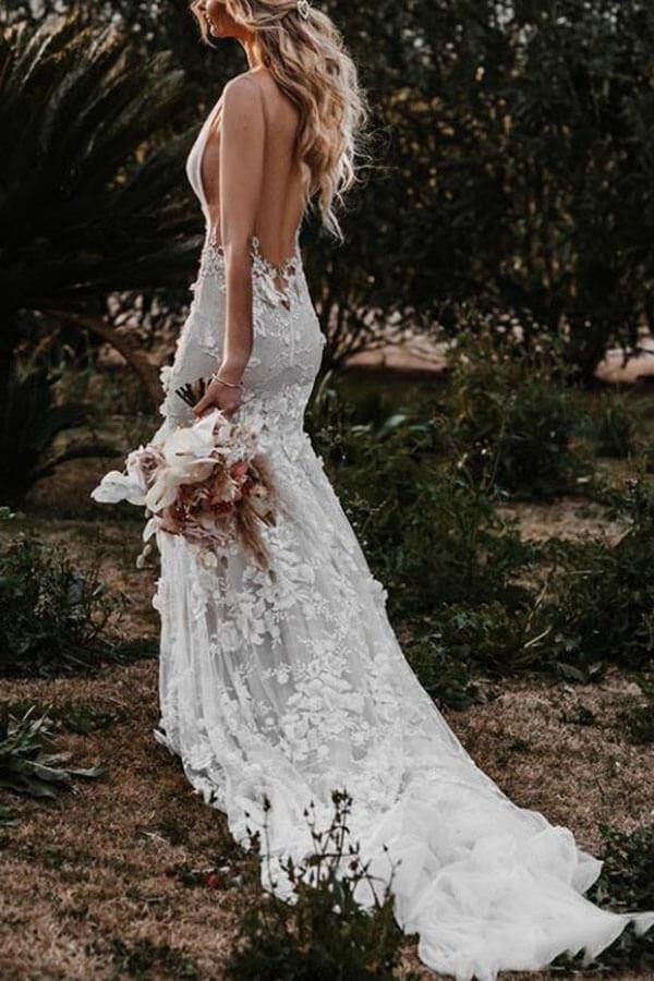 NumberSea Tulle Lace Mermaid V Neck Wedding Dresses, Beach Wedding Dress, MW543