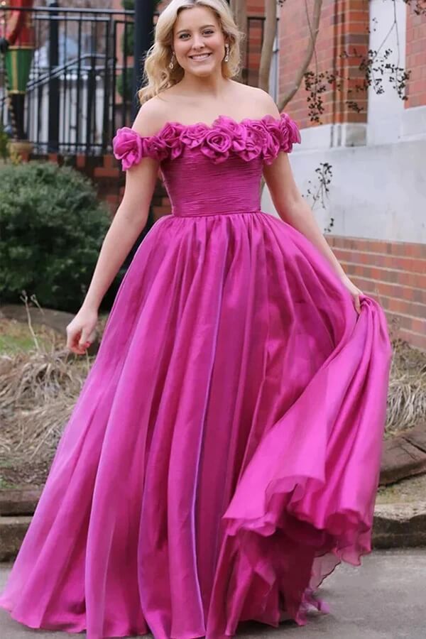 Tulle Magenta A-line Off-the-Shoulder Prom Dresses With 3D Flowers