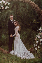 NumberSea Tulle Mermaid Backless Long sleeves Lace Wedding Dresses With Train, MW1023