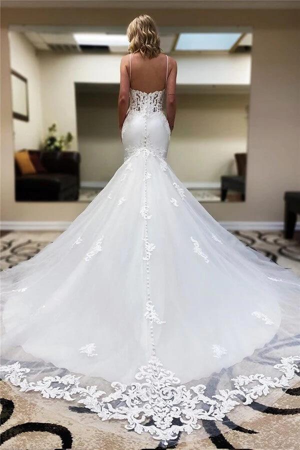 NumberSea Tulle Mermaid Lace V-neck Spaghetti Straps Wedding Dresses With Train, MW902