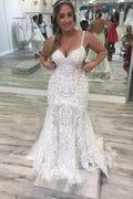 NumberSea Tulle Mermaid Spaghetti Straps V-neck Backless Lace Wedding Dresses, MW891