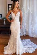 NumberSea Tulle Mermaid Spaghetti Straps V-neck Lace Appliques Wedding Dresses, MW870