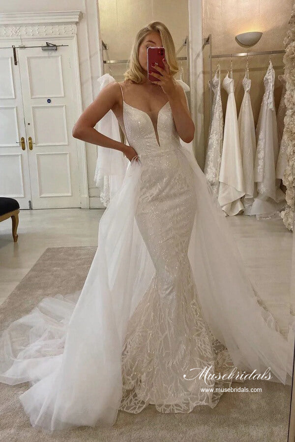 Tulle Mermaid V-neck Lace Sequins Detachable Train Wedding Dresses