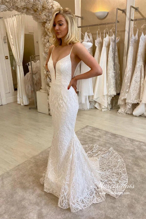 Tulle Mermaid V-neck Lace Sequins Detachable Train Wedding Dresses