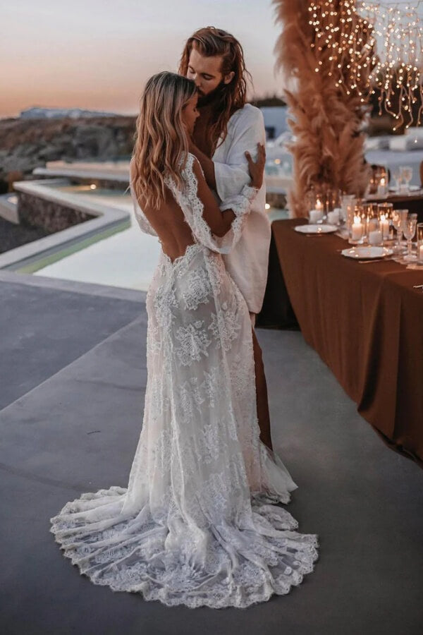 Tulle Sheath V-neck Beaded Lace Appliques Long Sleeve Wedding Dress