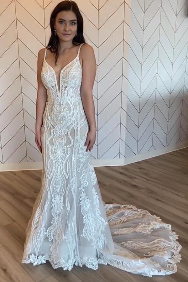 NumberSea Tulle Vintage Mermaid Floral Lace Wedding Dresses, Bridal Gown, MW1008
