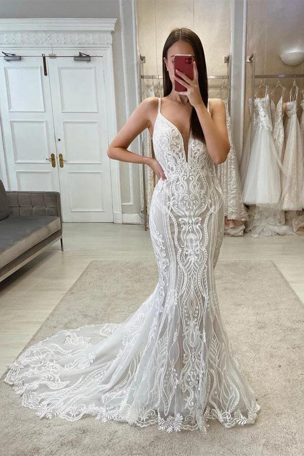 NumberSea Tulle Vintage Mermaid Floral Lace Wedding Dresses, Bridal Gown, MW1008