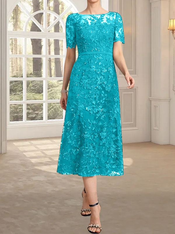 A-line Scoop Illusion Tea-Length Lace Mother of the Bride Dress With Sequins