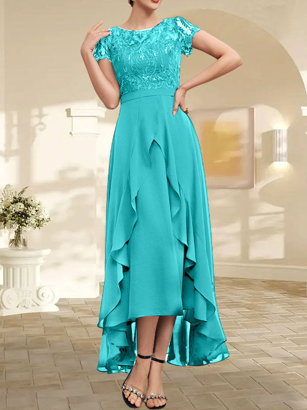 A-line Scoop Illusion Asymmetrical Chiffon Lace Mother of the Bride Dress With Bow Ruffle Sequins