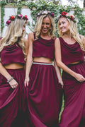 Two Piece A Line Burgundy Long  Bridesmaid Dresses