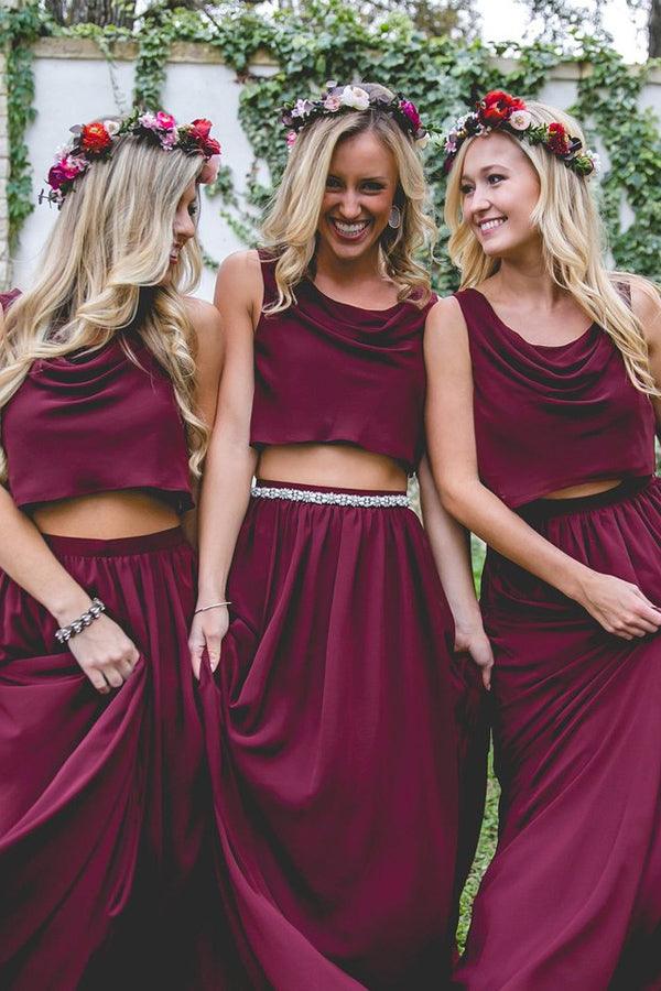 Two Piece A Line Burgundy Long  Bridesmaid Dresses