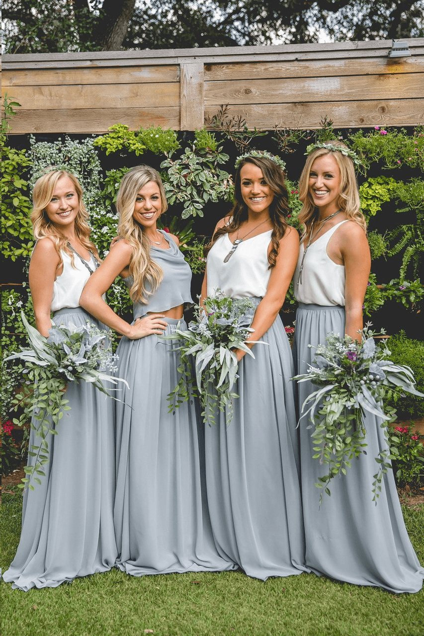 Two Piece A Line Burgundy Long  Bridesmaid Dresses