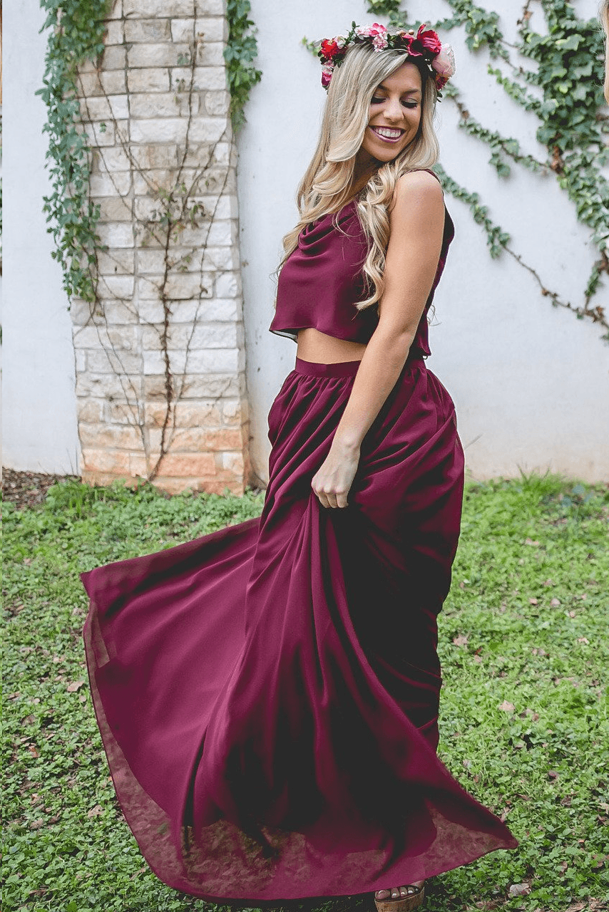 Two Piece A Line Burgundy Long  Bridesmaid Dresses