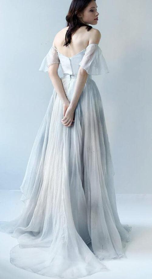 NumberSea Unique Grey Blue Chiffon Off Shoulder Wedding Dresses, Bridal Gown, MW592